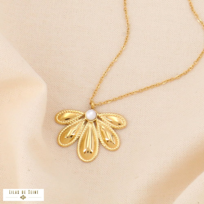 Collier acier inoxydable fleur et cabochon pierre naturelle 0124091 blanc