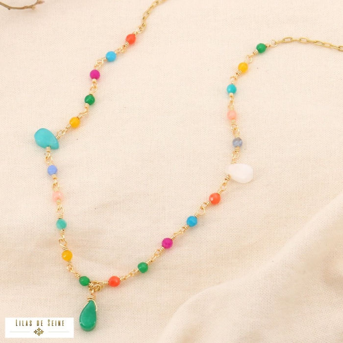 Collier acier inoxydable gouttes billes pierre femme 0124129 multi