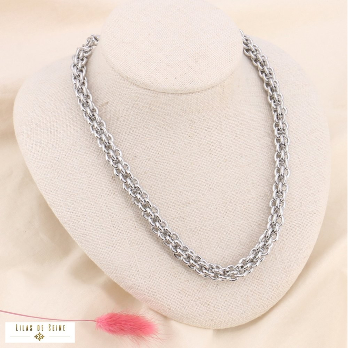 Collier gros maillons maille palmier en acier inoxydable 0123552 argenté