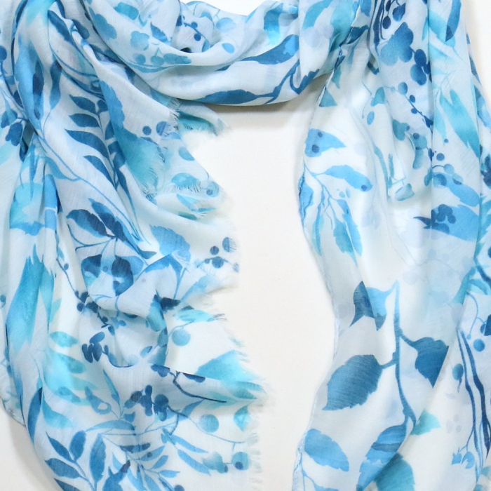 Foulard Mousseline Coton Viscose Imprimé Floral Pastel 0725013 bleu