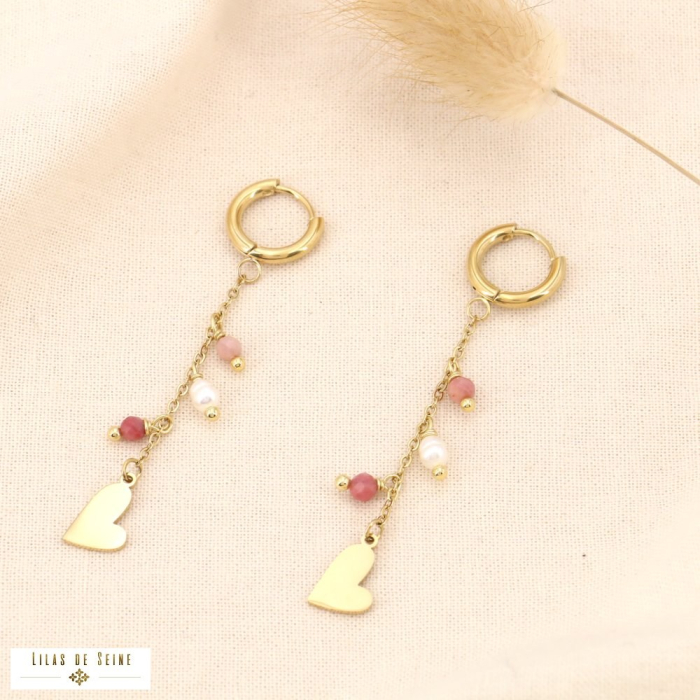 Boucles d'oreilles coeur acier billes pierre perle eau douce 0324073 rose