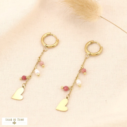 Boucles d'oreilles coeur acier billes pierre perle eau douce 0324073 rose