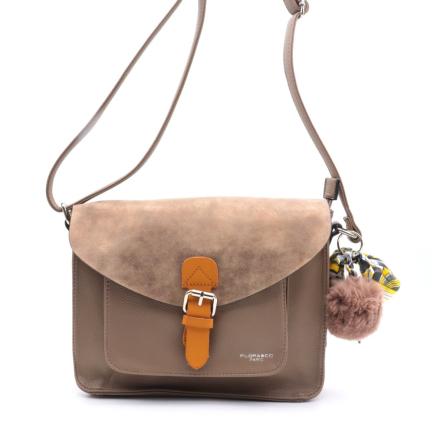 Sac à bandoulière cartable Flora&Co simili-cuir souple rabat scintillant boule de poil foulard femme 0922050 taupe