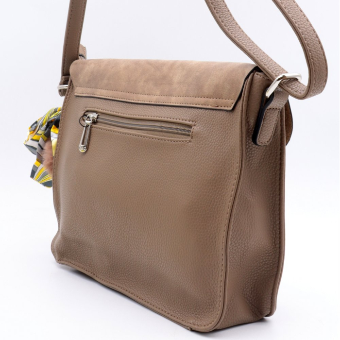 Sac à bandoulière cartable Flora&Co simili-cuir souple rabat scintillant boule de poil foulard femme 0922050 taupe