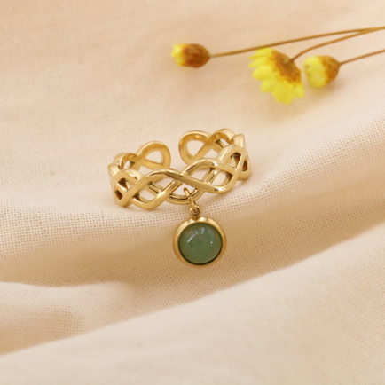 Bague Ajustable Acier Inox. Tressé Breloque Pierre ou Nacre 0425007 vert