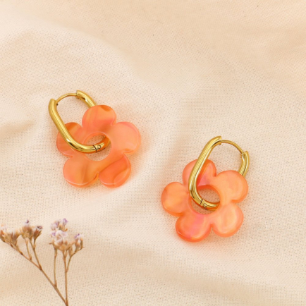 Boucles d'oreilles créoles acier inox fleur résine colorée 0325067 saumon
