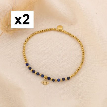 2 Bracelets Élastiques Billes Acier Pierre oeil 0225051 bleu foncé