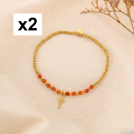 2 Bracelets Élastiques Billes Acier Pierre croix 0225053 orange