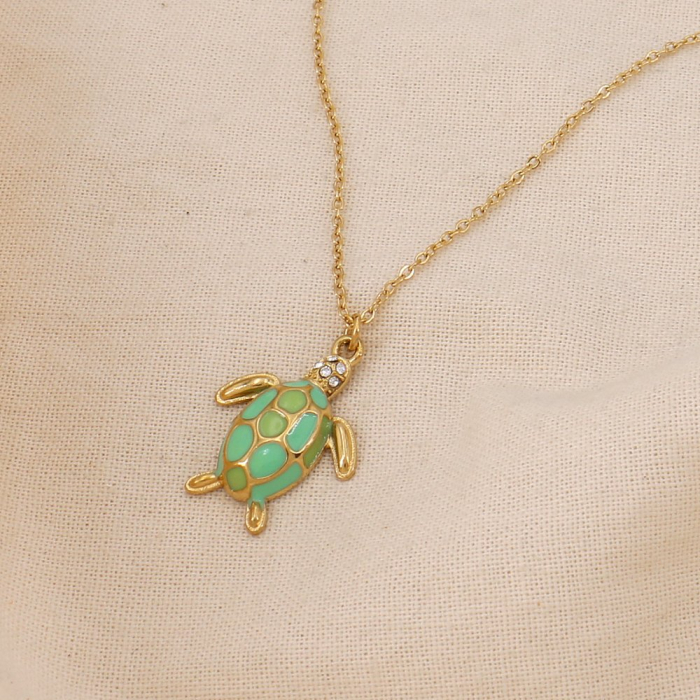 Collier acier inoxydable émail strass marin tortue 0125048 vert