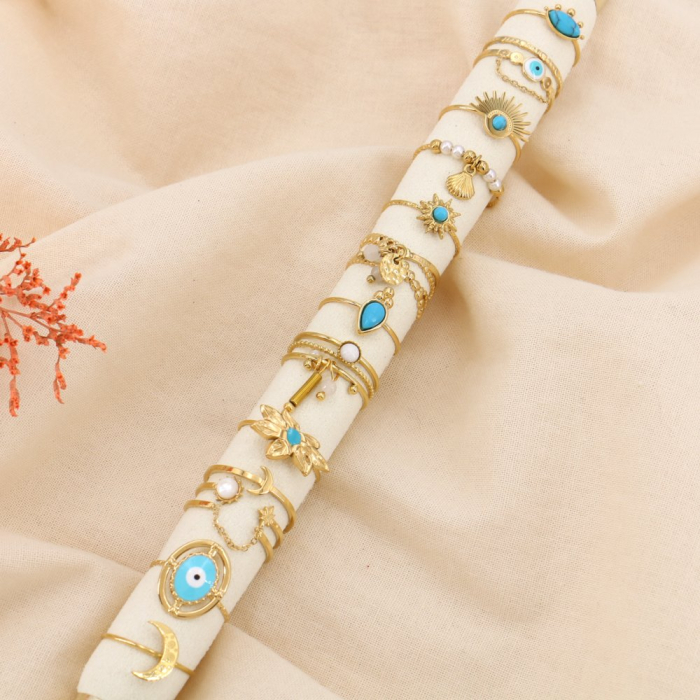 Ensemble 12 bagues fines acier émail pierre perle 0425063 bleu turquoise