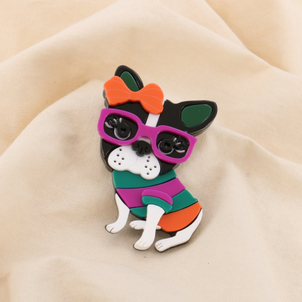 Broche fantaisie Chien coloré avec lunettes résine métal 0525032 vert