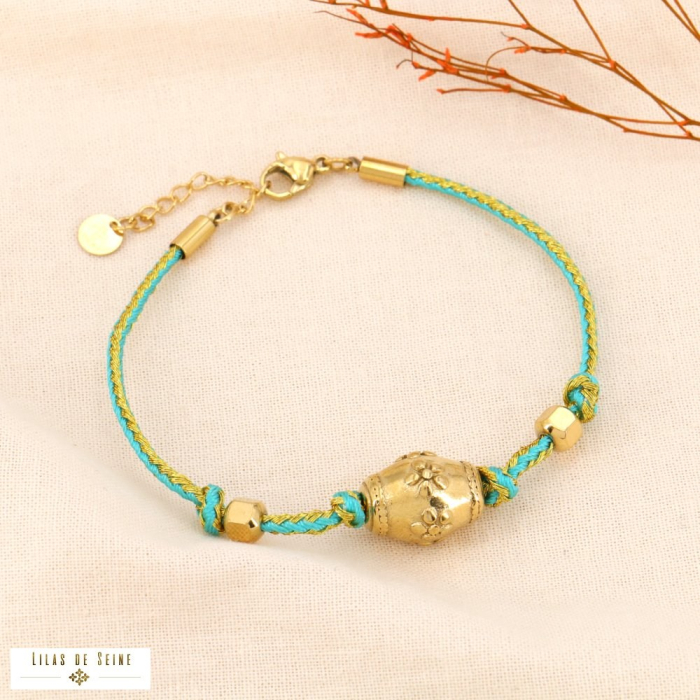 Bracelet talisman en acier sur cordon tressé bicolore 0224035 vert aqua