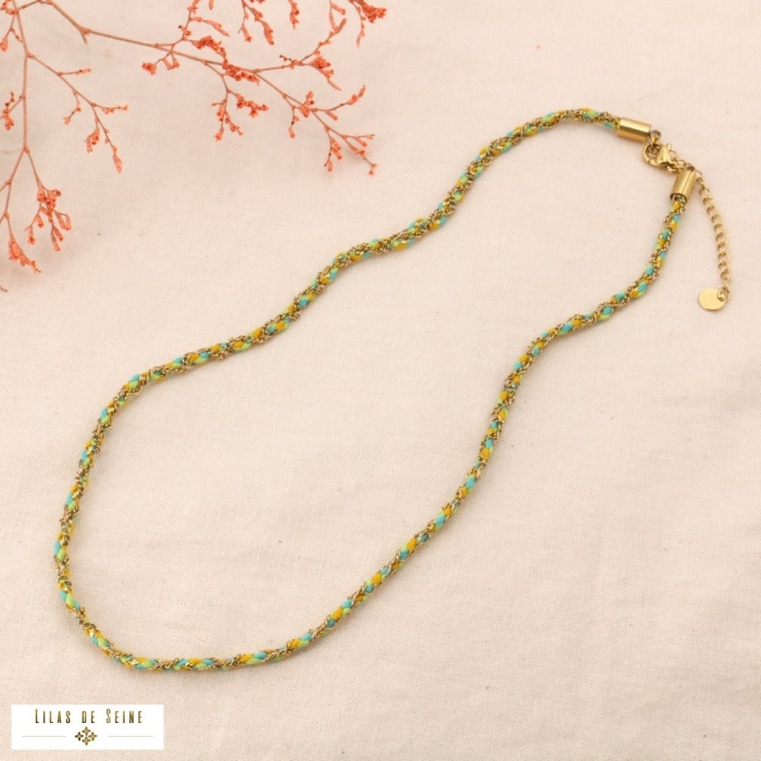 Collier tressé coloré avec chaîne fine en acier 0124076 vert Collier tressé coloré avec chaîne fine en acier 0124076 vert
