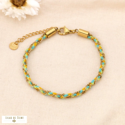 Bracelet tressé coloré avec chaîne fine en acier 0224063 vert