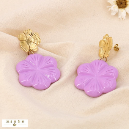 Boucles d’oreilles florales en acier inoxydable et résine  0324007 mauve