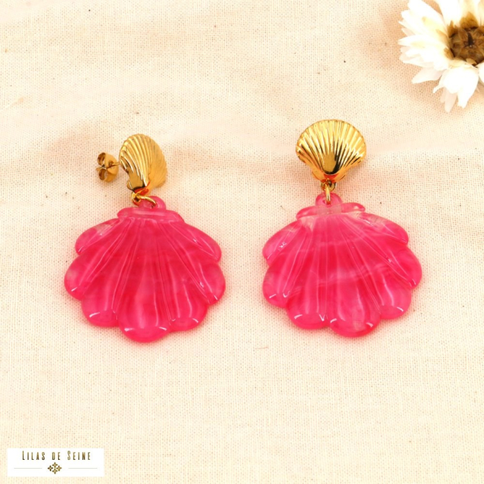 Boucles d’oreilles coquillage en acier inoxydable doré et résine 0324003 fushia Boucles d’oreilles coquillage en acier inoxydable doré et résine 0324003 fushia