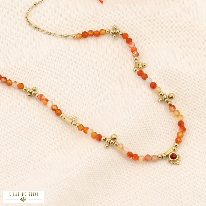 Collier femme en acier inoxydable doré et pierres naturelles 0123579 orange foncé