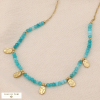 Collier en acier inoxydable et perles naturelles facettées avec pampilles dorées vert aqua Collier en acier inoxydable et perles naturelles facettées avec pampilles dorées vert aqua