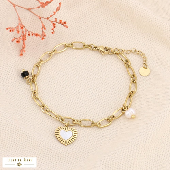 Bracelet en acier inoxydable perle d’eau douce pierre naturelle 0223559 noir