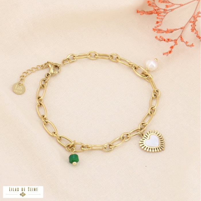 Bracelet en acier inoxydable perle d’eau douce pierre naturelle 0223559 vert foncé Bracelet en acier inoxydable perle d’eau douce pierre naturelle 0223559 vert foncé