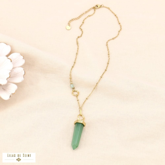 Collier acier inoxydable doré pendentif pierre naturelle 0124045 vert Collier acier inoxydable doré pendentif pierre naturelle 0124045 vert