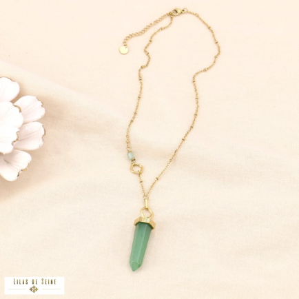 Collier acier inoxydable doré pendentif pierre naturelle 0124045 vert
