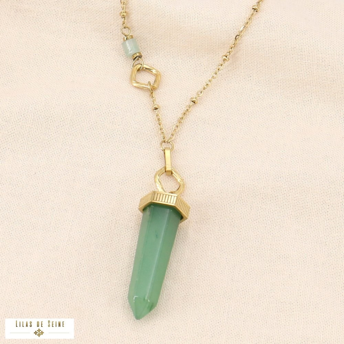 Collier acier inoxydable doré pendentif pierre naturelle 0124045 vert