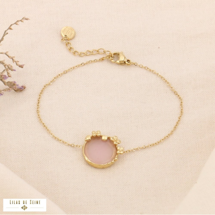 Bracelet acier doré avec pierre naturelle ronde 0224007 rose clair Bracelet acier doré avec pierre naturelle ronde 0224007 rose clair