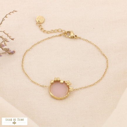 Bracelet acier doré avec pierre naturelle ronde 0224007 rose clair