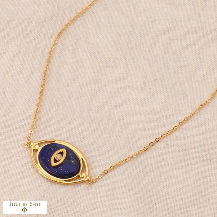Collier œil protecteur acier inoxydable pierre naturelle 0124014 bleu foncé