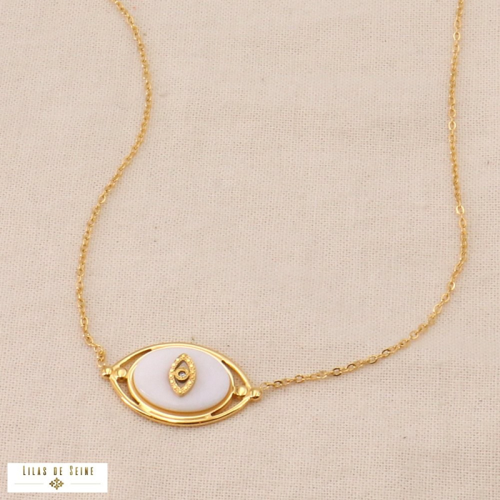 Collier œil protecteur acier inoxydable pierre naturelle 0124014 blanc