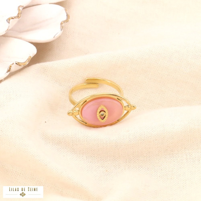 Bague réglable oeil protecteur acier inoxydable pierre naturelle rose clair Bague réglable oeil protecteur acier inoxydable pierre naturelle rose clair