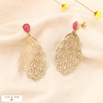 Boucles d’oreilles pendantes plume ajourée acier pierre naturelle 0324069 fushia