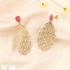 Boucles d’oreilles pendantes plume ajourée acier pierre naturelle 0324069 fushia