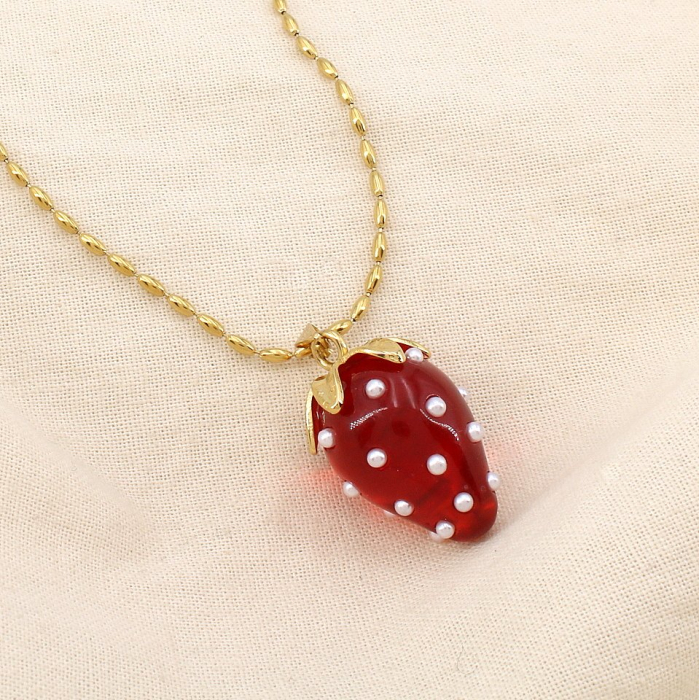 Collier fraise acier résine perle acrylique 0125152 rouge