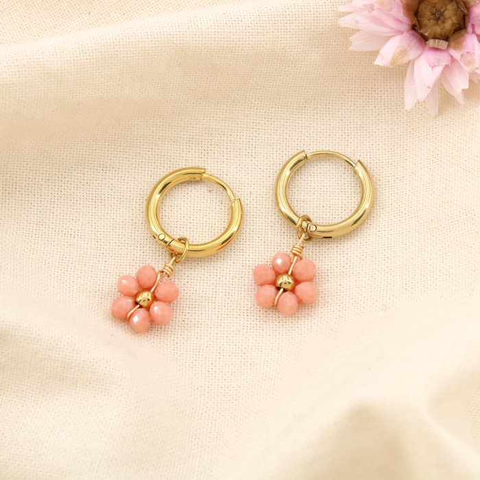 Mini-créoles acier inoxydable fleurs bille facettée cristal 0324152 rose clair Mini-créoles acier inoxydable fleurs bille facettée cristal 0324152 rose clair