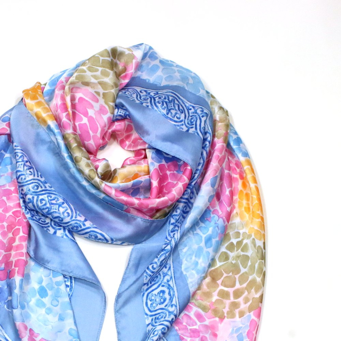 Étole Soie Viscose Motif Floral Multicolore 0725002 bleu ciel