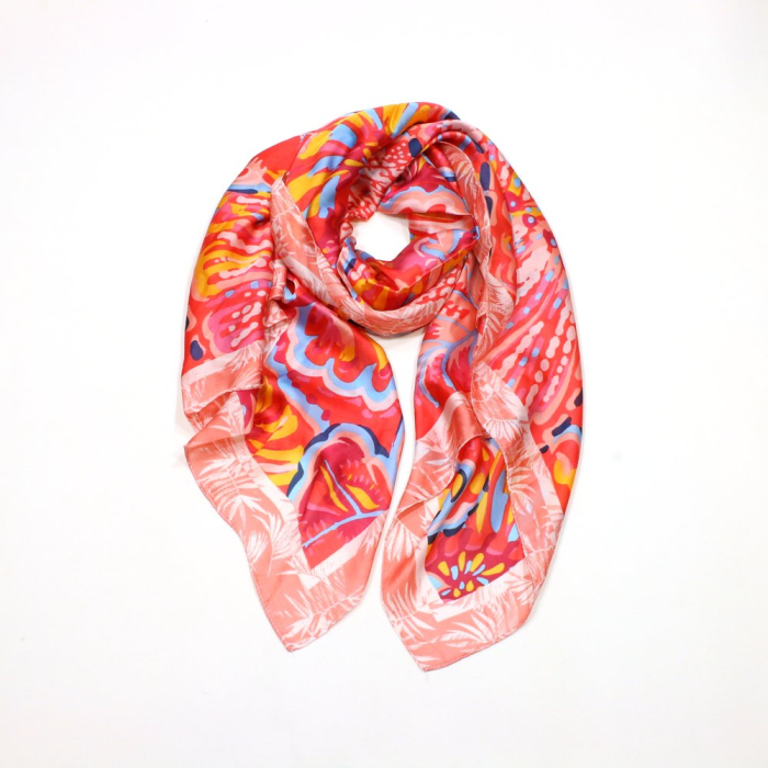 Étole Soie Viscose Feuille Exotique Multicolore 0725022 rouge corail Étole Soie Viscose Feuille Exotique Multicolore 0725022 rouge corail