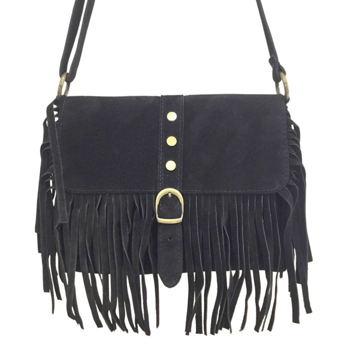 Sac porté épaule en cuir véritable avec franges 0925025 noir Sac porté épaule en cuir véritable avec franges 0925025 noir