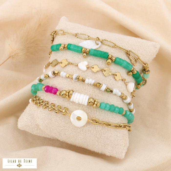 Ensemble 6 bracelets acier inoxydable, nacre véritable, pierre naturelle 0225183 vert Ensemble 6 bracelets acier inoxydable, nacre véritable, pierre naturelle 0225183 vert