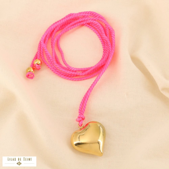 Sautoir ou Choker Cordon Cœur – Acier & Polyester 0124158 fushia