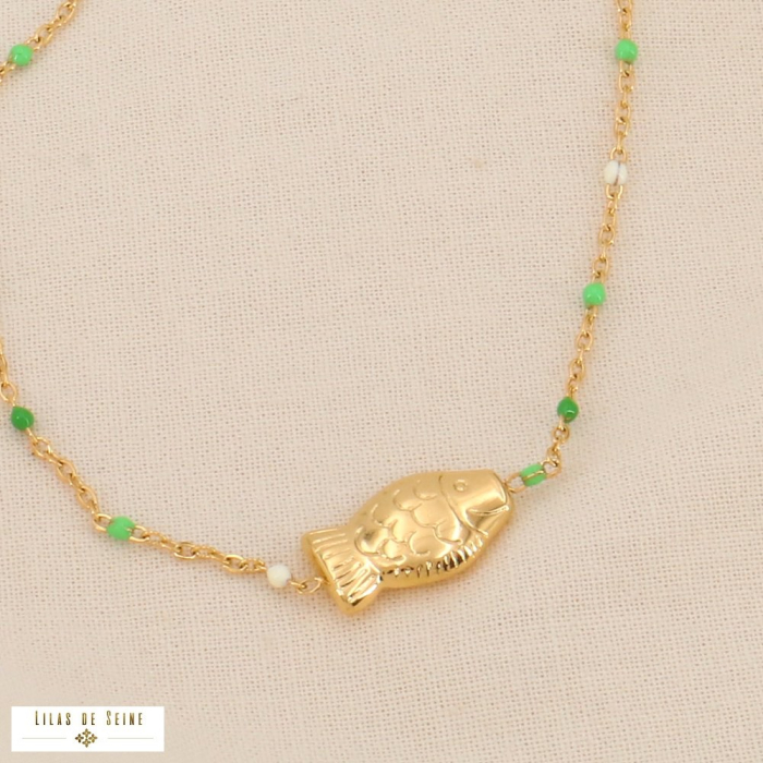 Collier Talisman Poisson en Acier Inoxydable et Émail 0124018 vert