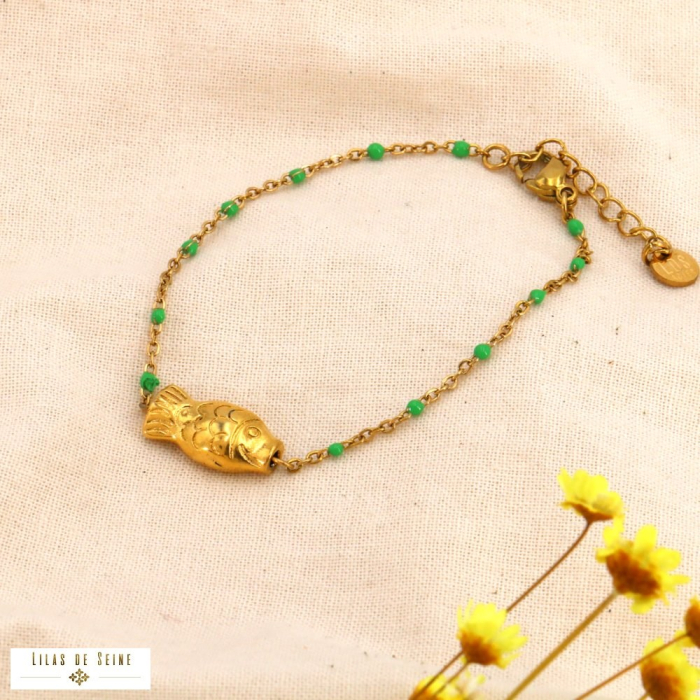 Bracelet Talisman Poisson en Acier Inoxydable et Perles Émaillées 0224028 vert Bracelet Talisman Poisson en Acier Inoxydable et Perles Émaillées 0224028 vert