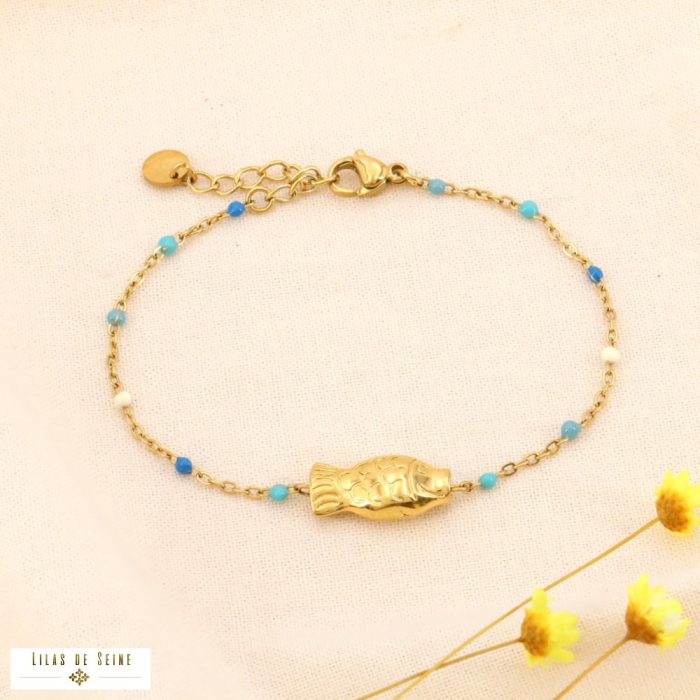 Bracelet Talisman Poisson en Acier Inoxydable et Perles Émaillées 0224028 bleu ciel Bracelet Talisman Poisson en Acier Inoxydable et Perles Émaillées 0224028 bleu ciel