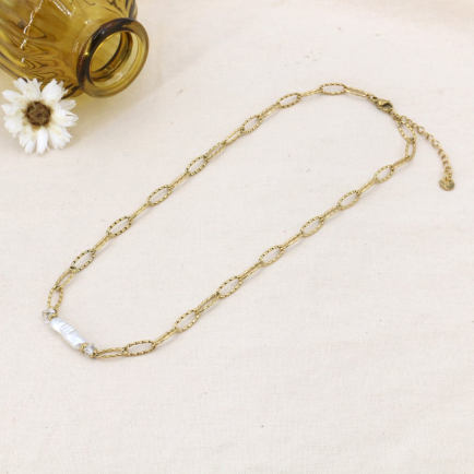 Collier Chaîne Torsadée  Acier Inoxydable Perle Acrylique 0124061 blanc