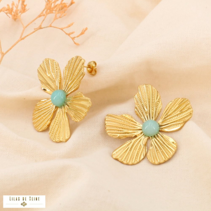 Boucles d’oreilles XXL fleur en acier inoxydable et pierre naturelle 0323534 vert d'eau