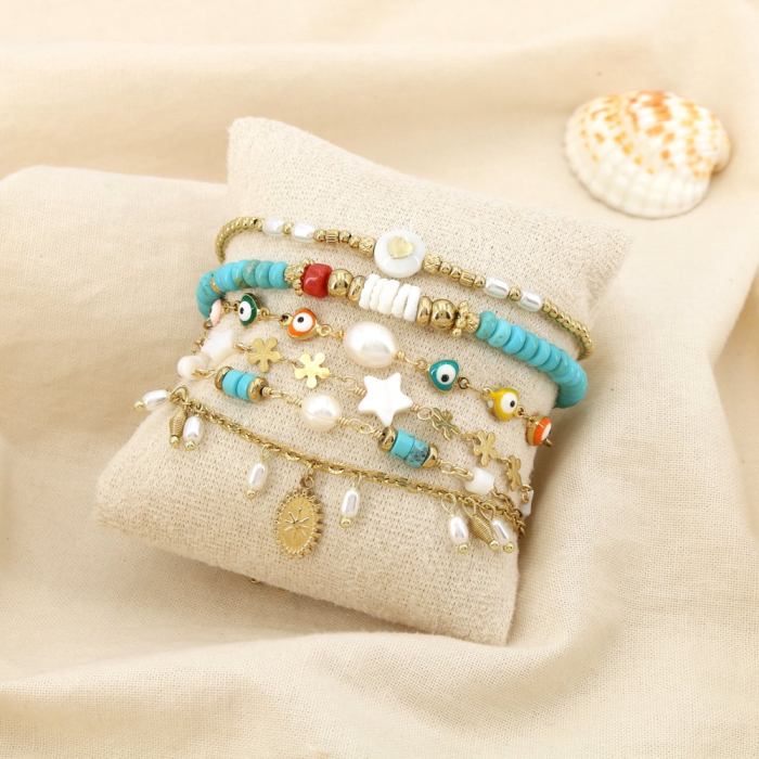 Ensemble 6 bracelets acier cœur œil étoile perle 0225211 bleu turquoise Ensemble 6 bracelets acier cœur œil étoile perle 0225211 bleu turquoise