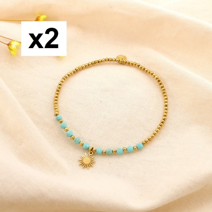 2 Bracelets élastiques fins acier pierre soleil 0225190 vert aqua 2 Bracelets élastiques fins acier pierre soleil 0225190 vert aqua