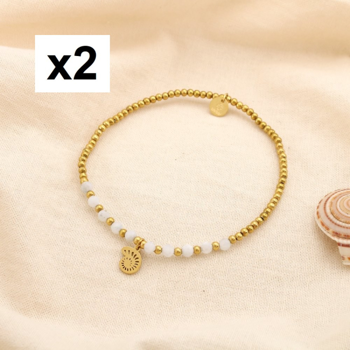 2 Bracelets élastiques acier pierre escargot de mer 0225192 blanc 2 Bracelets élastiques acier pierre escargot de mer 0225192 blanc