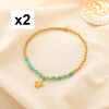 2 Bracelets élastiques billes acier pierre tortue 0225193 vert aqua
